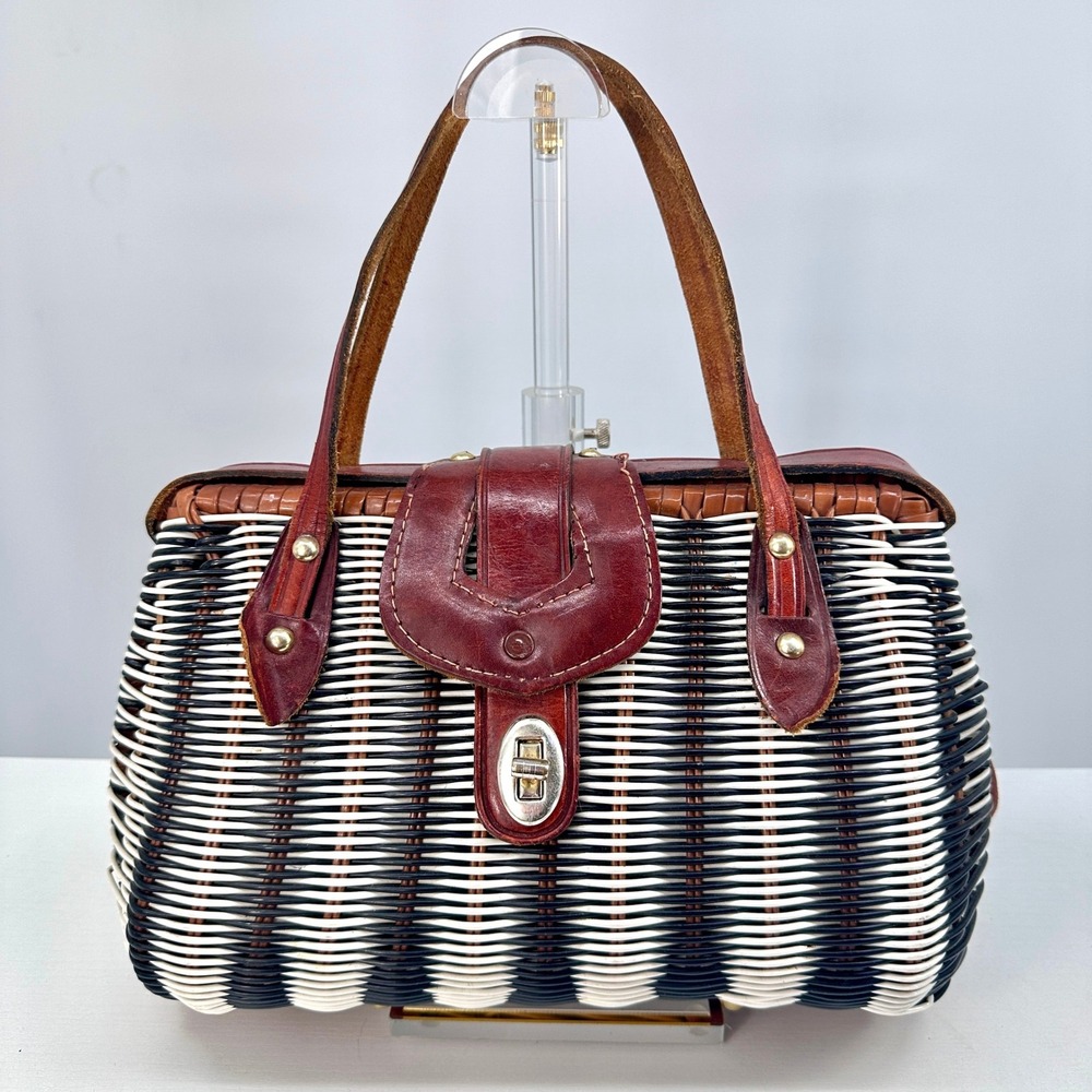 VTG 60s Hong Kong Wicker Basket Purse Leather Trim Mod Top Handle Handbag